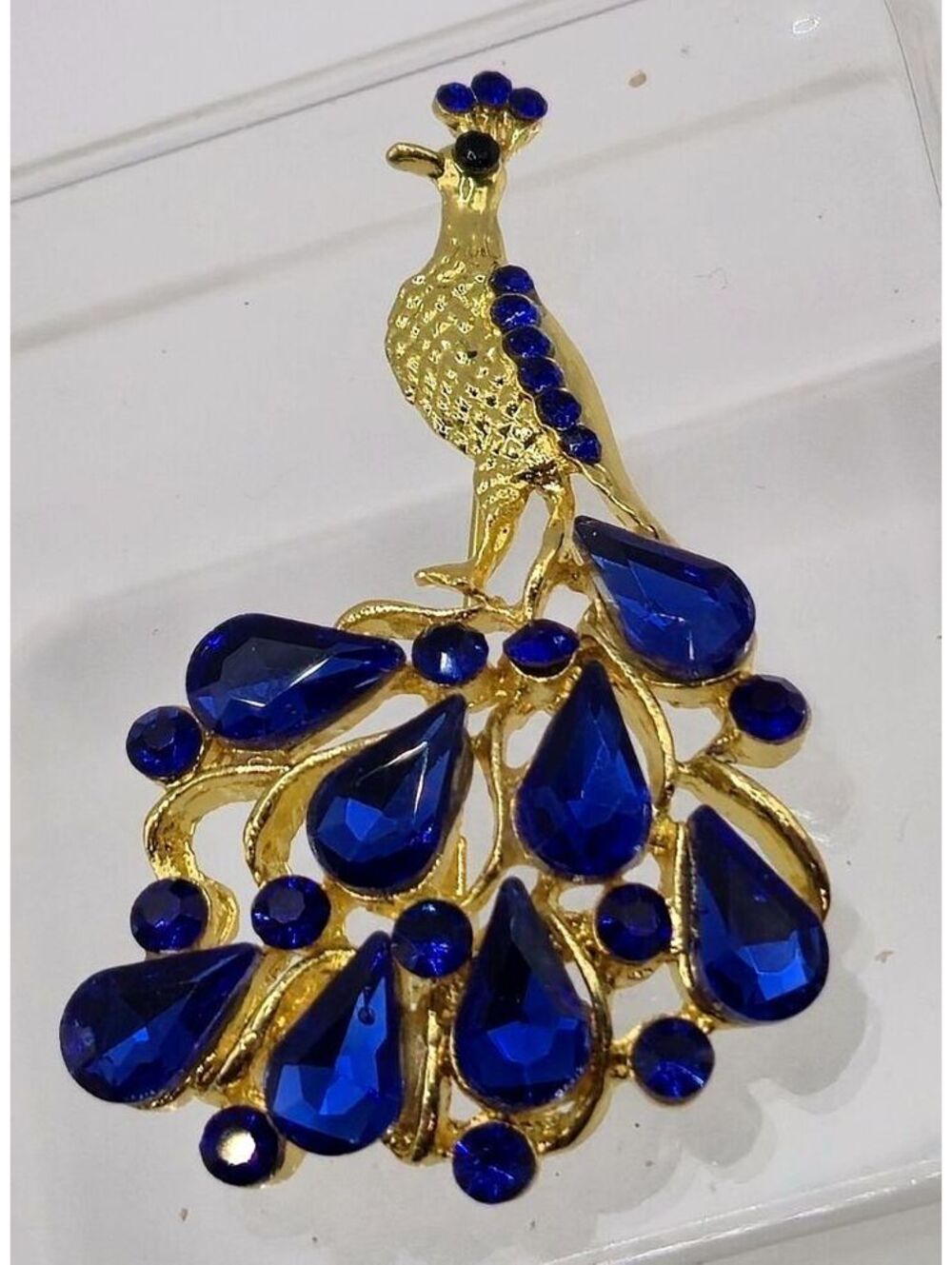 Blue Rhinestone And Glass Peacock Brooch Unbranded